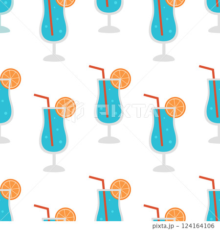 Seamless pattern with Blue Lagoon cocktails with orange and straw on white background. Summer refreshing alcoholic drink. Design for bar. Vector flat illustration for wallpaper, textile, packaging 124164106