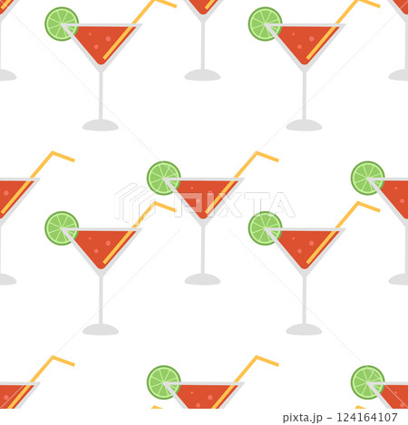 Seamless pattern with Cosmopolitan cocktails with lime and straw on white background. Summer refreshing alcoholic drink. Design for bar. Vector flat illustration for wallpaper, textile, packaging 124164107