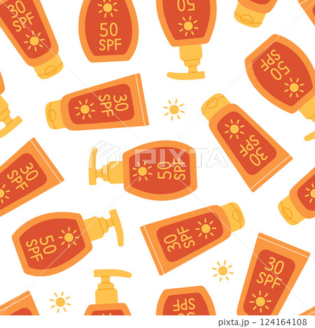 Seamless pattern with sunscreen creams in bottle and tube on white background. Sun protection products. Sunblock summer cosmetics. Skin care. Vector flat illustration for wallpaper, textile, packaging Seamless pattern with sunscreen creams in bottle and tube on white background. Sun protection products. Sunblock summer cosmetics. Skin care. Vector flat illustration for wallpaper, textile, packaging 124164108