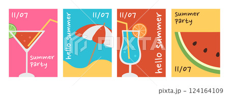 Summer posters set with cocktails, beach umbrella and watermelon. Hello summer, summer party. Vacation banner, flyer, invitation templates on colorful background. Vector flat illustration 124164109