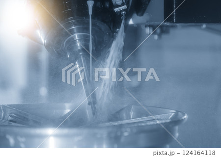 The 5-axis CNC milling machine  cutting the magnesium alloy wheel part with solid ball end mill tool. 124164118