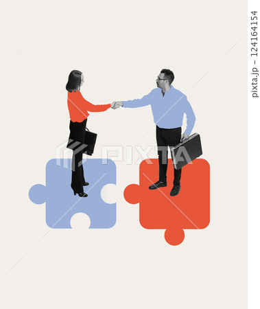Successful deal. Business people shaking hands over interconnected puzzle pieces. Strategic alignment, collaborative decision-making Successful deal. Business people shaking hands over interconnected puzzle pieces. Strategic alignment, collaborative decision-making 124164154