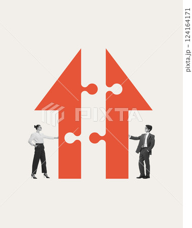 Corporate integration. Business people aligning puzzle-like structures, symbolizing seamless merger, strategic collaboration, economic synergy 124164171