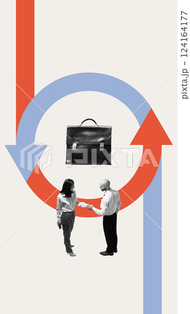 Corporate transaction. Business professionals shaking hands under circular arrows, representing financial flow, economic exchange, strategic investment. 124164177