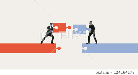Strategic partnership. Businessmen assembling puzzle pieces, symbolizing business merger, market integration, structured deal-making 124164178