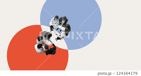 Business synergy. Two teams engaging in collaborative planning, exchanging insights, structuring strategies for optimized decision-making 124164179