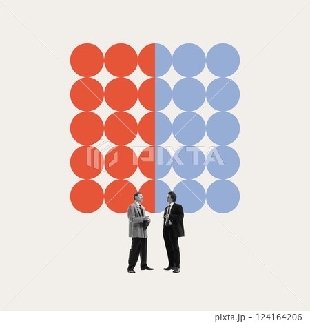 Corporate structure. Two executives discussing market strategies under aligned spheres, illustrating data-driven decisions, balance in leadership 124164206