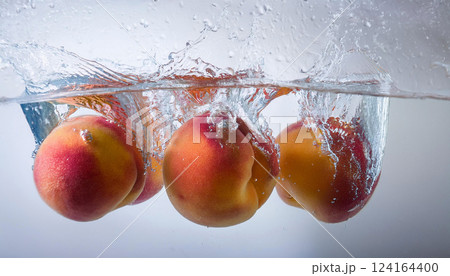 Ripe peaches splashing into water, emphasizing their natural vibrancy and freshness, perfect for advertising food and beverages with a focus on healthy, juicy produce 124164400