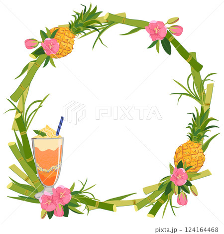 Vector round frame with refreshing cocktail, pineapple and tropical flowers. Wreath of sugar cane, pink hibiscus, ice cream and fruits for beach bar menu. Cruise vacation, summer holidays. 124164468