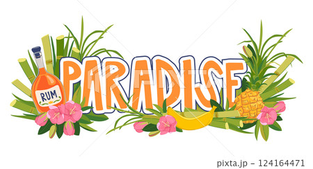 Vector sticker. Cruise vacation on a tropical island. Composition with a bottle of rum, pineapple, banana and flowers. Emblem for a paradise vacation. Illustration for a beach bar menu. Summer party. Vector sticker. Cruise vacation on a tropical island. Composition with a bottle of rum, pineapple, banana and flowers. Emblem for a paradise vacation. Illustration for a beach bar menu. Summer party. 124164471
