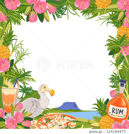 Vector square frame. Panoramic view of Mauritius island beach and Le Morne Brabant mountain. Dodo bird, trochetia boutoniana flowers, pineapple, rum, cocktail in flat style. Tropical paradise 124164473