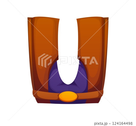 American cowboy leather pants font type letter U. Texas cowboy clothing element, Wild West vector kids ABC type letter. Western typeset symbol or American sheriff cartoon English alphabet font sign 124164498