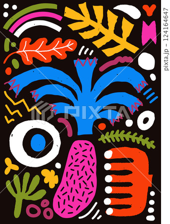 Abstract organic shape poster with naive geometric doodles. Abstract organic shape poster with naive geometric doodles. 124164647
