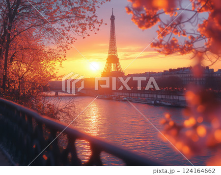 Stunning autumn sunset view of Eiffel Tower through colorful foliage in Paris 124164662