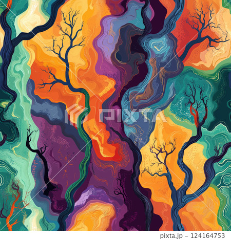 Colorful abstract landscape with vibrant trees and playful patterns in a whimsical display of nature's beauty 124164753