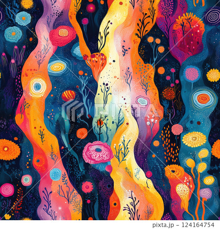 Colorful underwater scene filled with abstract flowers and swirls in a vibrant, night-inspired design 124164754