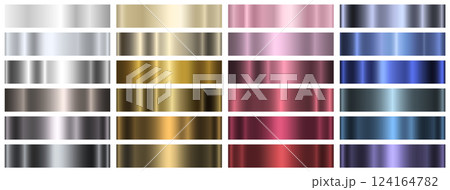 A set of metal gradients of different colors on a white background. A collection of gold, silver, red and blue metallic gradients. 124164782