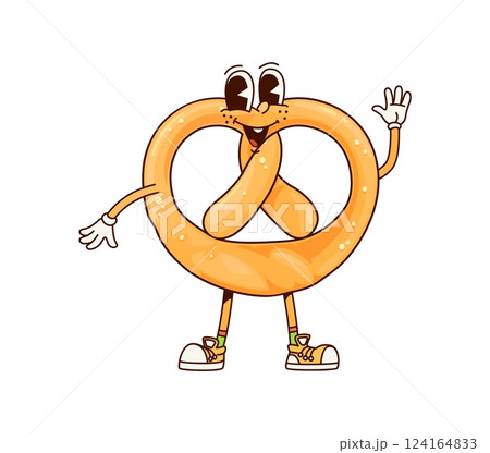 Funny groovy pretzel bread character. Cartoon bakery and pastry retro food personage with a playful expression, wearing sneakers and exudes funky vibe. Isolated vector snack with wide cheerful smile 124164833