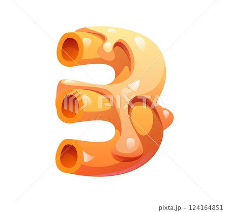 Fast food pasta meal alphabet font typeface digit 3 three. Street menu meal alphabet font numeral symbol, fast food cafe vector alphabet typeface number. Takeaway appetizer kids ABC typeset digit 124164851