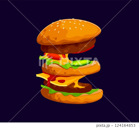Fast food hamburger snack cartoon English ABC font typeset letter E. Takeaway cafe Latin typeset letter, fastfood menu appetizer cartoon vector font symbol. Fast food meal English alphabet element 124164853