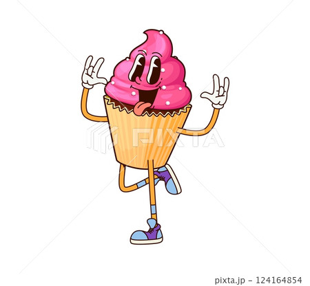 Groovy breakfast cake character. Cartoon vector cupcake or muffin, funny dessert, bakery and pastry retro personage topped with pink frosting joyfully dancing with happy face exudes playful vibes 124164854