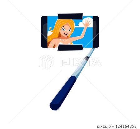 Summer travel font typeface or type of number 7 as selfie stick with phone, cartoon vector. Summer travel and holiday vacations font or typeface, number seven in shape of smartphone with selfie photo 124164855