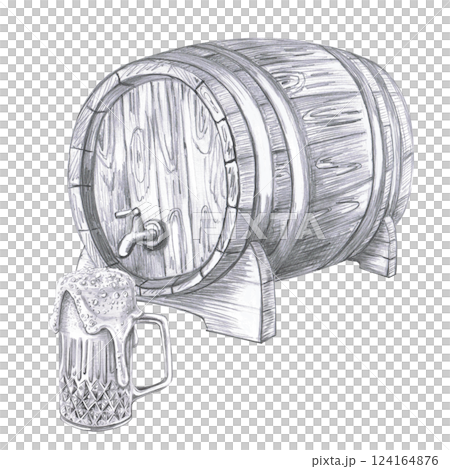 Composition of oak barrel and mug with foamy beer. Isolated pencil illustration in realistic style for restaurant menu design, beer festival, packaging, bar interior. 124164876