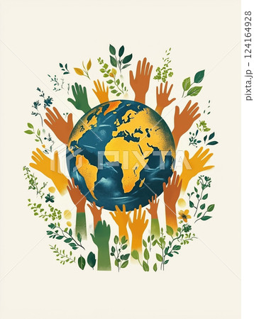 Hands reaching for a vibrant planet surrounded by nature 124164928