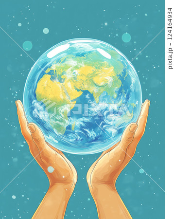 People holding a globe with continents in vibrant colors 124164934