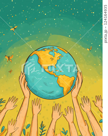 Hands reaching for a vibrant planet surrounded by nature 124164935