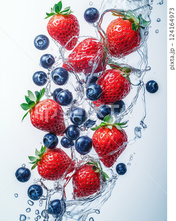 Fresh strawberries and blueberries splashing in clear water create a vibrant display Fresh strawberries and blueberries splashing in clear water create a vibrant display 124164973