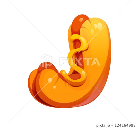 Fast food hotdog meal ABC font typeface letter J. Takeaway ABC font typeset letter, fastfood cafe snack vector English typeface element. Street meal alphabet letter or fast food appetizer font symbol 124164985