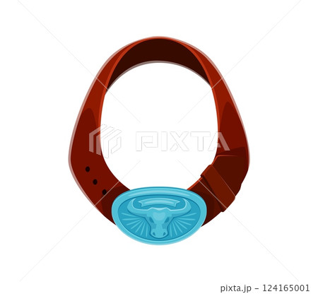Letter O as a Western cowboy leather belt featuring blue buckle with bull head. Vector wild west font, typeface or type, sheriff English alphabet character as a cowpuncher or ranger vintage accessory 124165001
