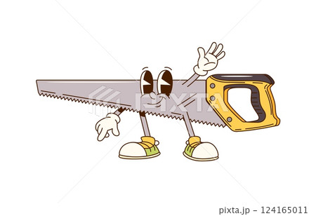 Cartoon groovy hand saw character or work tool for DIY construction, vector personage. Funky groovy handsaw with happy smile and funny face and Hi Hello gesture for carpentry or repair tool character Cartoon groovy hand saw character or work tool for DIY construction, vector personage. Funky groovy handsaw with happy smile and funny face and Hi Hello gesture for carpentry or repair tool character 124165011
