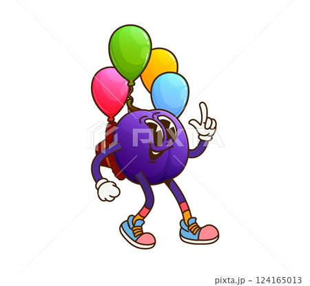 Cartoon groovy plum fruit character on celebration party. Isolated vector fruit personage joyfully celebrating with colorful balloons. hippie sneakers and cowboy hat, exudes festive fun and excitement 124165013