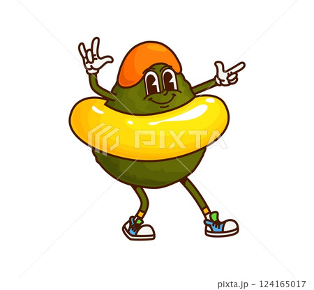 Cartoon groovy avocado vegetable character enjoying a fun summer vacation with a bright float and stylish hippie sneakers, embodies relaxation and leisure during playful and cheerful beach recreation Cartoon groovy avocado vegetable character enjoying a fun summer vacation with a bright float and stylish hippie sneakers, embodies relaxation and leisure during playful and cheerful beach recreation 124165017