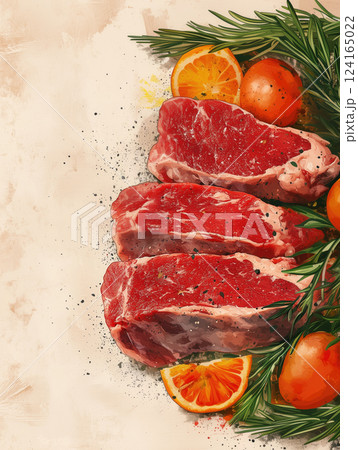 Fresh ingredients arranged around raw meat on a rustic table ready for cooking Fresh ingredients arranged around raw meat on a rustic table ready for cooking 124165022