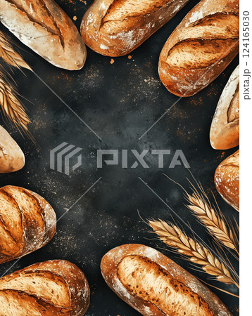 Freshly baked bread assortment with golden wheat on a dark background 124165030