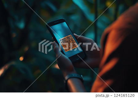 Person holding smartphone displaying QR code 124165120