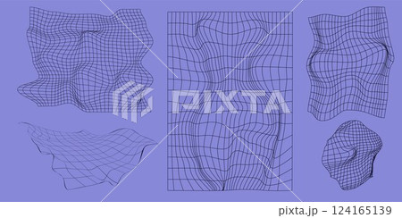 Vector design. Dynamic mesh patterns, wave-like distortions, and fluid deformations in deep blue on soft purple background, visualizing fluid motion. Science. 124165139