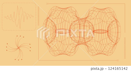 Large interconnected toroidal structures, oscillation waves, and field vectors in bright orange on warm background, symbolizing energy and balance. Science. Large interconnected toroidal structures, oscillation waves, and field vectors in bright orange on warm background, symbolizing energy and balance. Science. 124165142