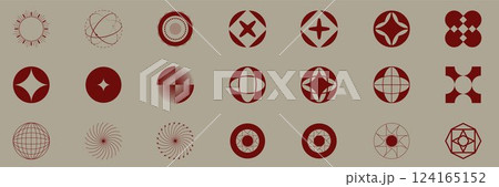 Collection of vector circular motifs, atomic representations, and abstract radial shapes in deep red on muted beige, merging scientific symbols and design elements. Collection of vector circular motifs, atomic representations, and abstract radial shapes in deep red on muted beige, merging scientific symbols and design elements. 124165152