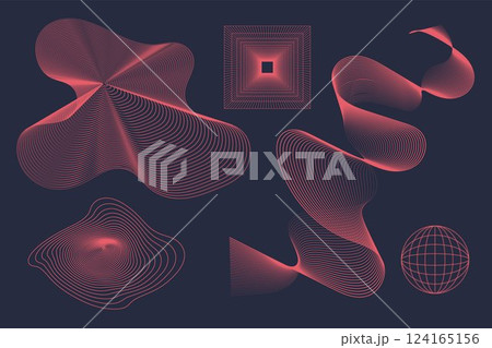Vector design. Swirling curves, undulating surfaces, and structured grids in deep red tones on dark background, evoking fluidity and movement. Vector design. Swirling curves, undulating surfaces, and structured grids in deep red tones on dark background, evoking fluidity and movement. 124165156