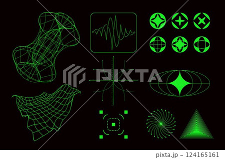 Vector design for creative cover, poster, ad. Collection of geometric diagrams, waveforms, and symmetrical patterns in neon green on black background. Science. 124165161