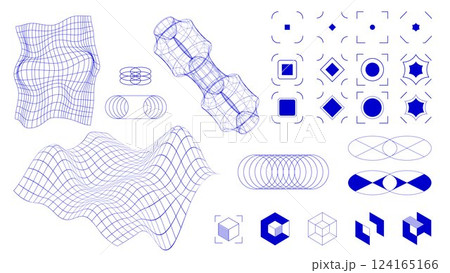 Vector design. Set of structured geometric patterns, including recursive grids, optical illusions, and abstract force fields, showcasing mathematical beauty. 124165166