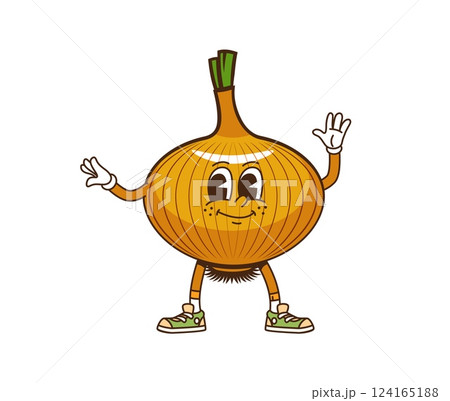 Groovy onion cartoon character with smile and happy face, vector funny vegetable emoji. Groovy onion with cute smile and good mood emotion in hipster shoes for vegetable or veggie cartoon character 124165188
