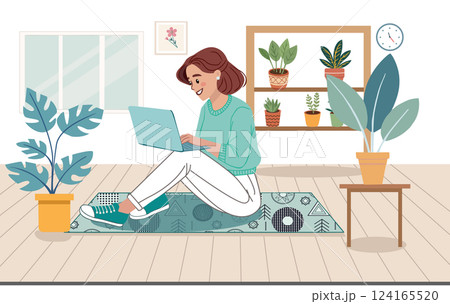 Happy woman sitting on the floor using laptop. Happy woman sitting on the floor using laptop. 124165520