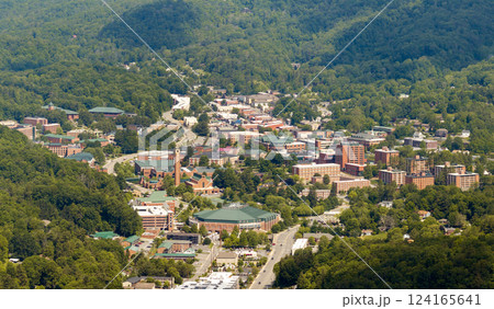 Boone, North Carolina. American architecture with streets and historical buildings in Blue Ridge Mountains. Popular tourist destination 124165641