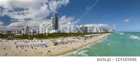 American travel destination. Southern seashore of Miami Beach city. South Beach high luxurious hotels and apartment buildings. Tourist infrastructure in southern Florida, USA 124165686