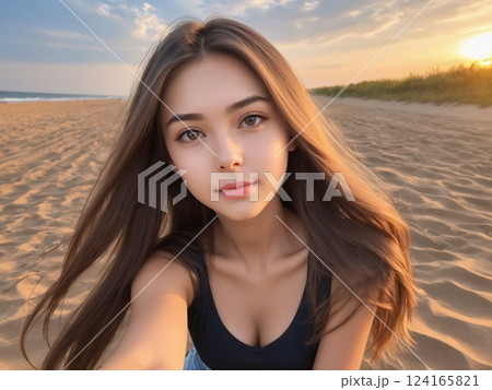 海と女性のポートレート 124165821